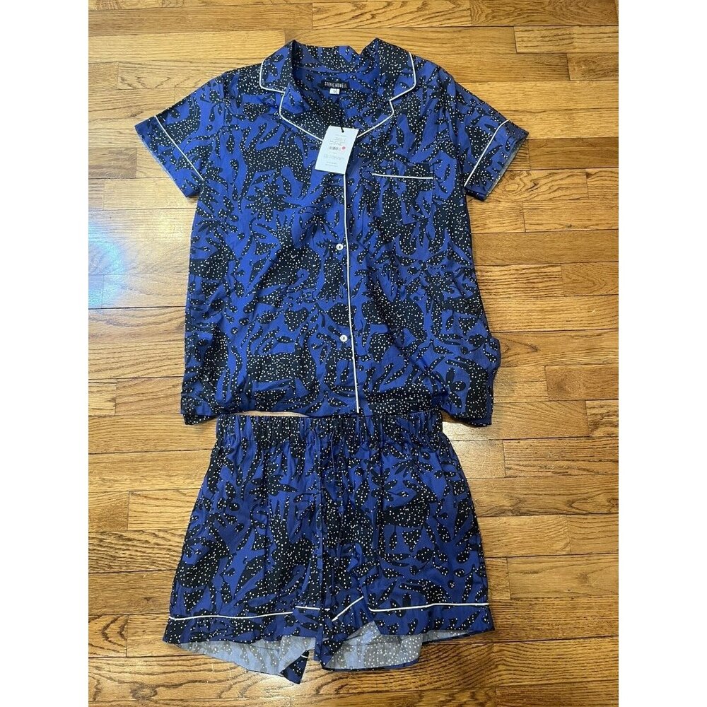 NWT Stevie Howell Womens 100% Cotton Pajama Set, Small Otomi Navy Blue